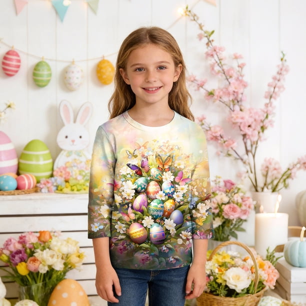 Blusas y camisas de manga larga con cuello redondo y estampado de Pascua, camiseta interior de cuello redondo y manga tres cuartos para niños de talla mediana y grande.