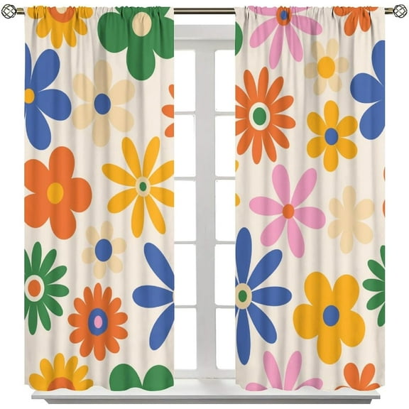 Retro Groovy Floral Curtains Vintage Hippie Colorful Daisy Flowers Pattern Print Decor Rod Pocket Window Drapes for Bedroom Living Room 42"W x 96"L (Pack of 2)
