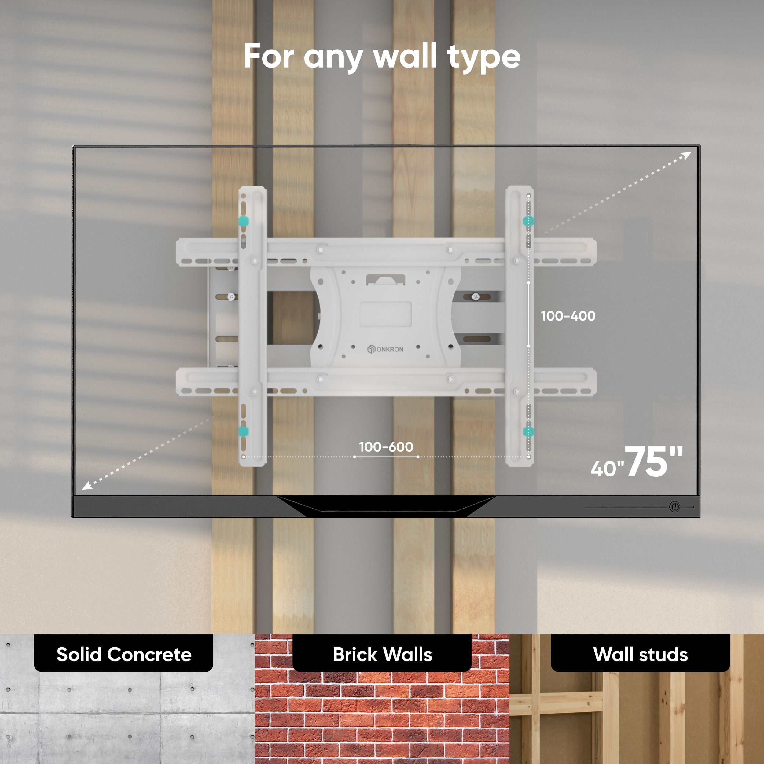 ONKRON Mount with Swivel and Tilt for 40-75 Inch TV, Full Motion with Articulating Arms, VESA 600x400mm, 150 lbs White