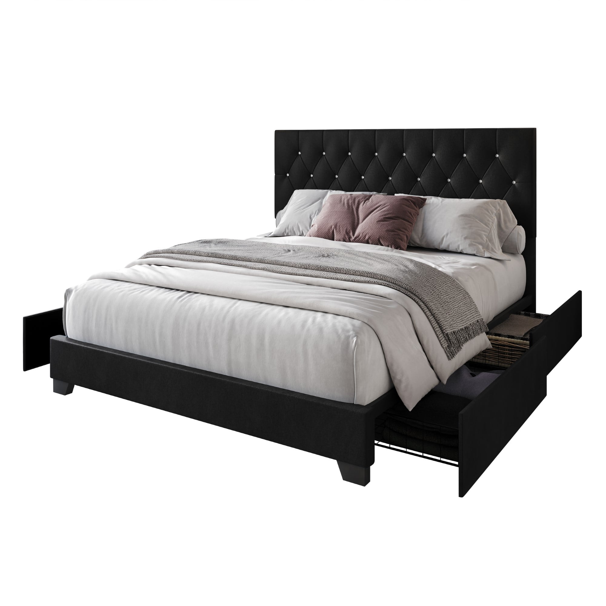 Home Design Sheffield King Tufted Upholstered Storage Platform Bed Frame with Diamond Button-Tufted Headboard and Four Under-Drawers, Black, Easy Assembly