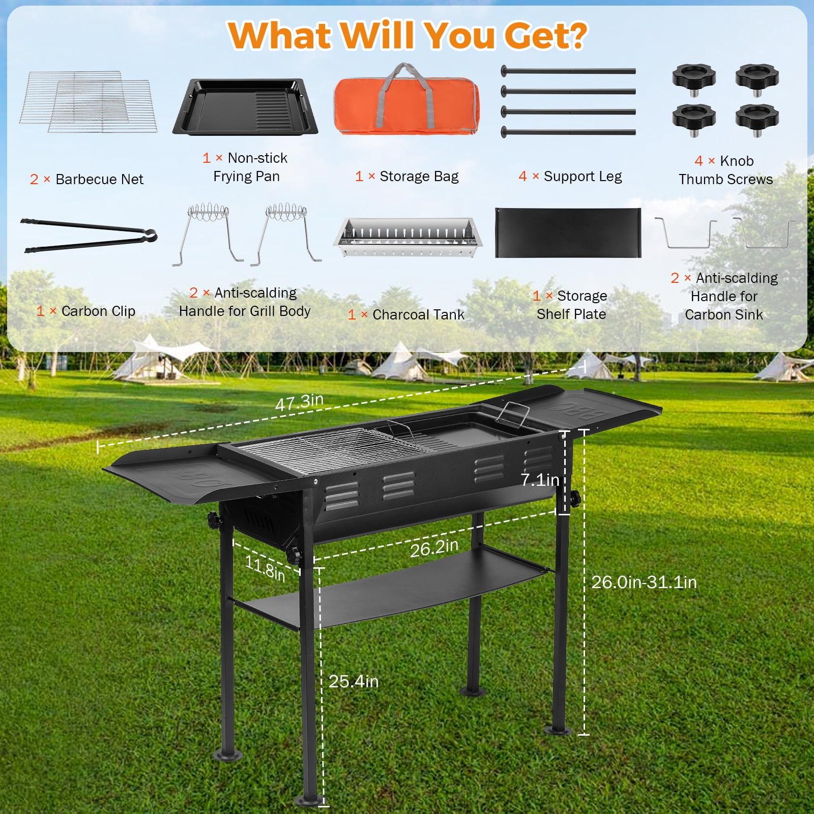 BEAMNOVA Portable Charcoal Grills for Outdoor BBQ, Foldable Barbecue Grills with Carry Bag, for Home Camping Picnics Backyard Grilling, Black