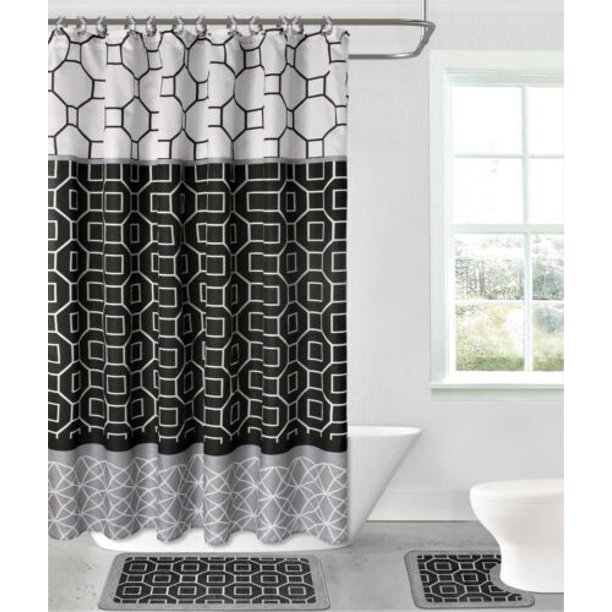 Lush Decor 15pc Bathroom Set Diamond Bohemian Stripe Pattern Black Grey Rug Soft Washable 1 Bath Mat 18 X 30 1 Bath Mat 17 X 17 12 Covered Hooks 1 Shower Curtain 70 X 72 Anti Slip Walmart Com