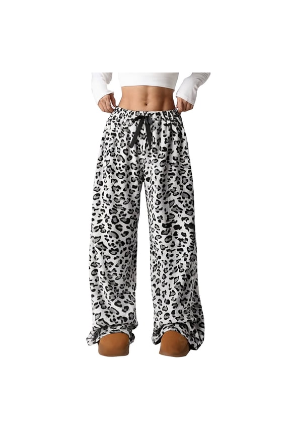 Women's Leopard Print Pants Y2k Wide Leg High Waisted Baggy Drawstring Trousers Casual Fluffy Cheetah Fuzzy Pajama Sleepwear White XL