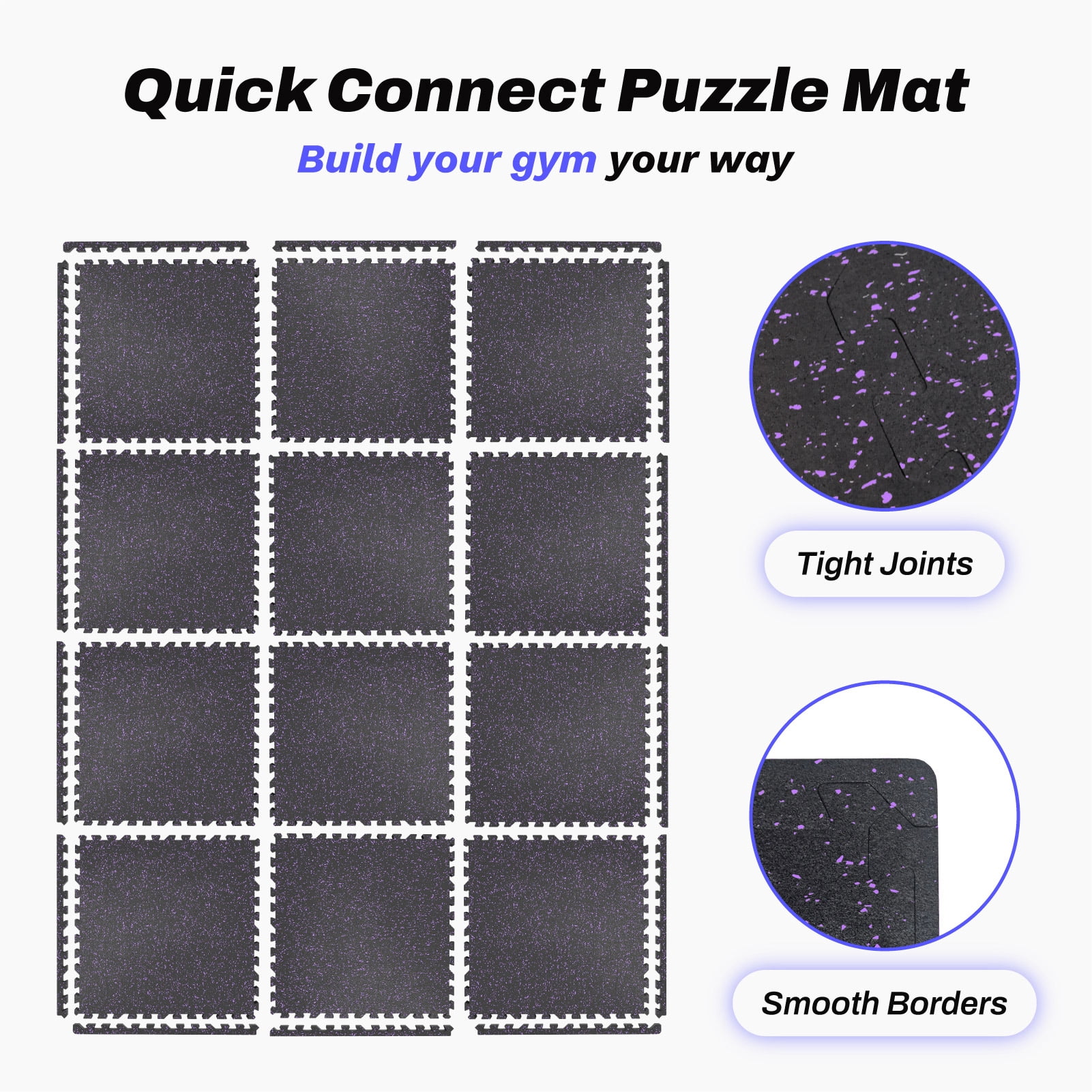 AIRHOP 0.56in Thick 48 Sq Ft Exercise Equipment Mats, 12 Tiles Upgraded Rubber Top with High Density EVA Foam, Gym Flooring For Home Gym, Heavy Weight Workout, 24 x 24in，Black & Purple