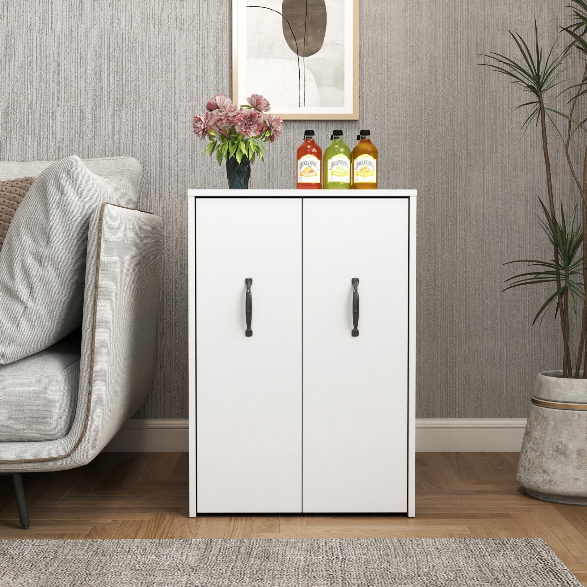 3 Tier Rolling Bookcase with Door, Sliding Drawer Storage Cabinet, Mobile Wooden Bookshelf Organizer with Wheels for Office, Bedroom, Living Room, Hidden Storage Cabinet, White