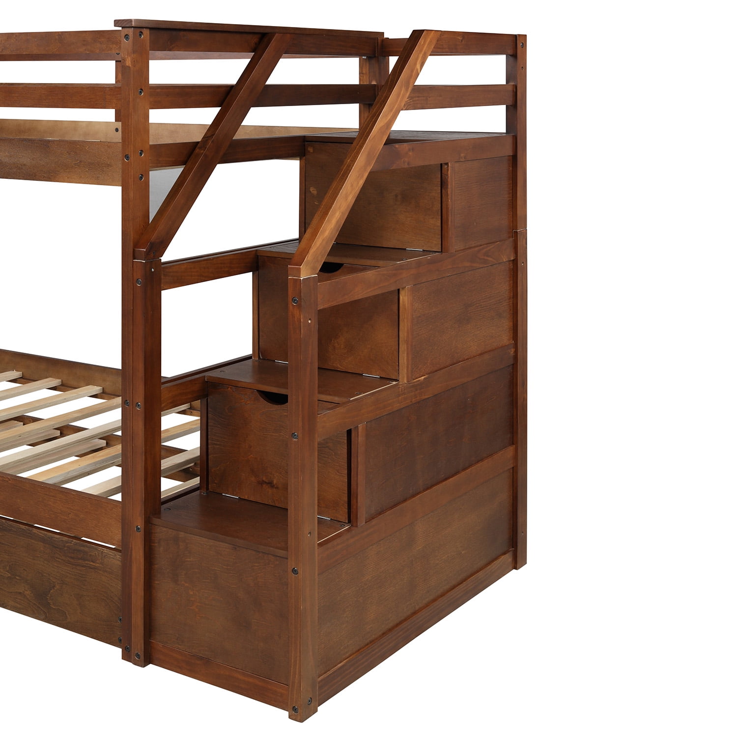 Twin-Over-Twin Bunk Bedd with Twin Size Trundle and 3 Storage Stairs-Walnut
