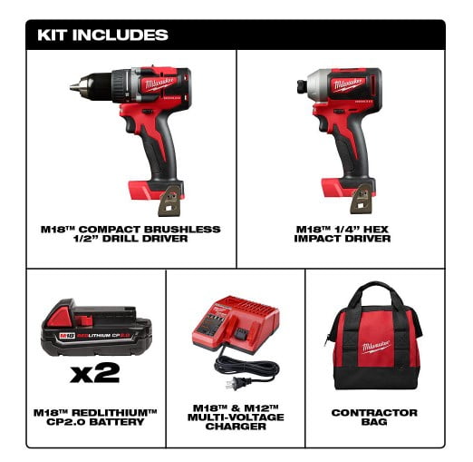 Milwaukee M18 18-Volt Lithium-Ion Brushless Cordless Compact Drill/Impact Combo Kit (2-Tool) W/ (2) 2.0Ah Batteries, Charger & Bag