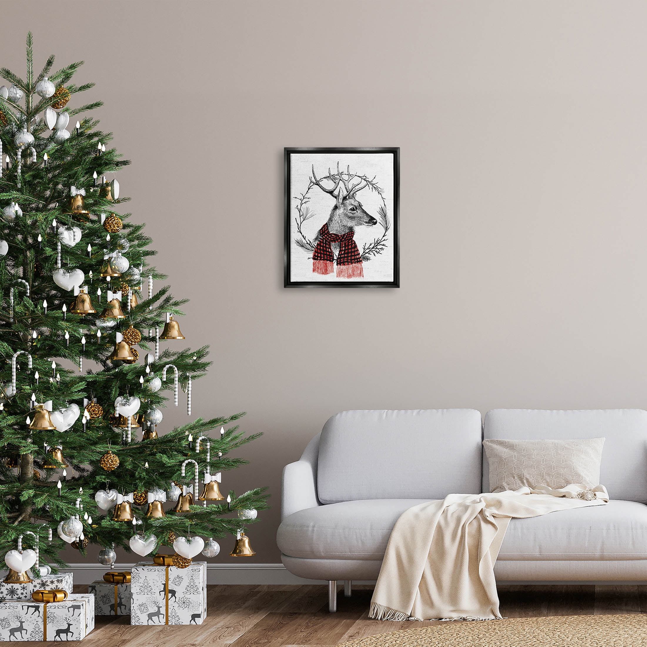 Stupell Industries Deer Winter Botanical Wreath Graphic Art Jet Black Floating Framed Canvas Print Wall Art, Design by Lettered and Lined