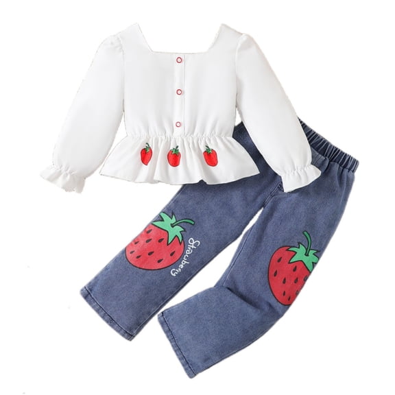Mercatoo Girls Fall Strawberry Print Ruffle Long Sleeve Shirt Denim Pants 2Pcs Set Toddler Girls Winter Casual Outfits