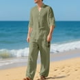 thumbnail image 2 of Men's Solid Color Casual Fashion Linen Quarter Button Stand-Up Collar Long Sleeved Shirt Long Pants Beach Set Lightweight Sweatshirt Fall Clothes Two Piece Lounge Matching Set Men, 2 of 9