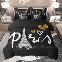 Homewish Romantic France Paris 7pcs Bedding Comforter Set,Eiffel Tower Queen Bedding Sets,Cartoon Heart Print Queen Sheet Sets For Girls Kids,Super Cozy Room Decor