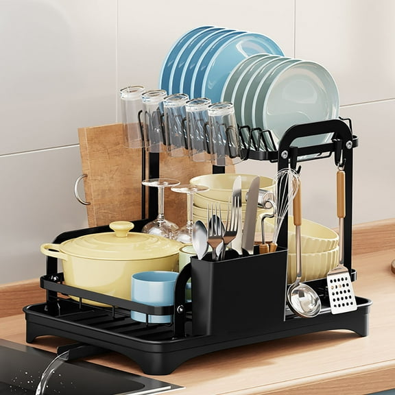 Axidou Dish Drying Rack, 2-Tier Dish Drying Rack with Cutlery Rack, Cup Holder, Cutting Board Holder, Dish Racks for Kitchen Counter