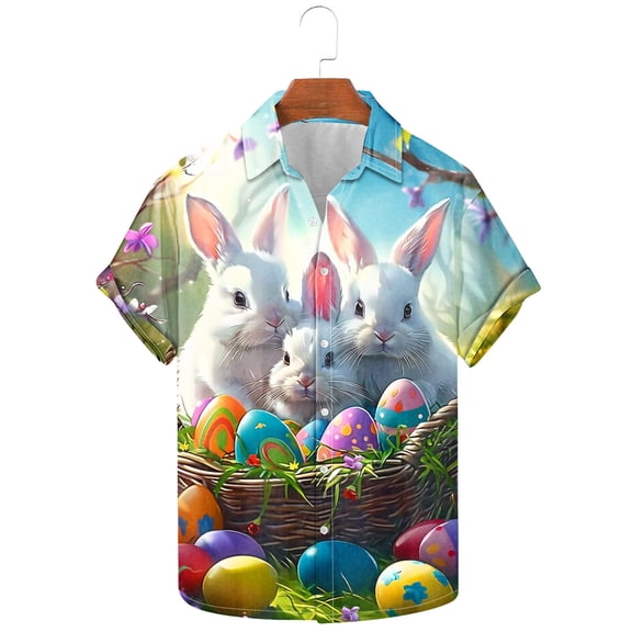 Yaoyar Men's Easter Holiday Print Short Sleeve Button Down Lapel Shirt,Spring Summer Style Breathable Tee Seaside Beach Shirt