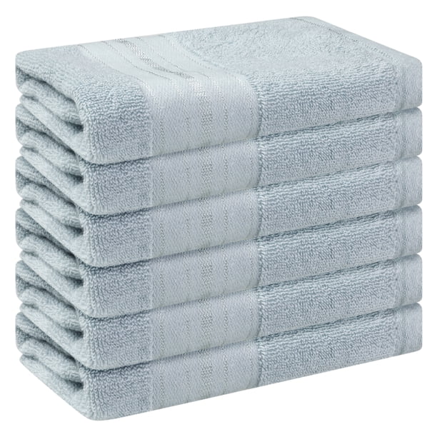 Toallas de mano de algodón tejidas a rayas de 6 paquetes, absorbentes y de bajo pelusa para baño, gris claro 13'x13'