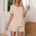thumbnail image 4 of Pajamas for Women Two Piece Pj Shorts Summer Lounge Set Pleated V-Neck Loose Top Loungewear Sets, 4 of 9