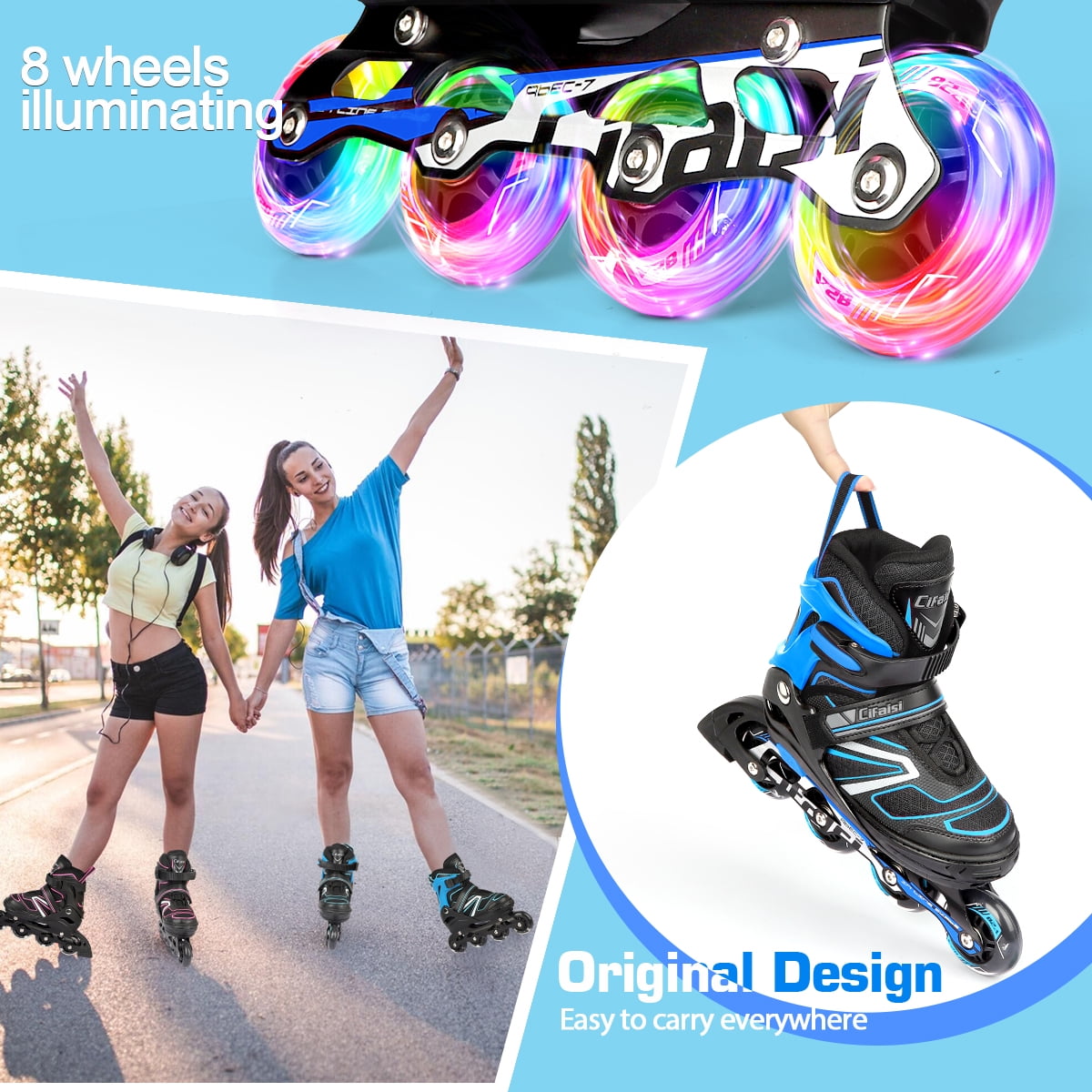 Cifaisi Adjustable Inline Skates with Full Illuminating Wheels, Aluminum Frame, Triple Protection System & ABEC-7 Bearings, Size S/M/L/XL