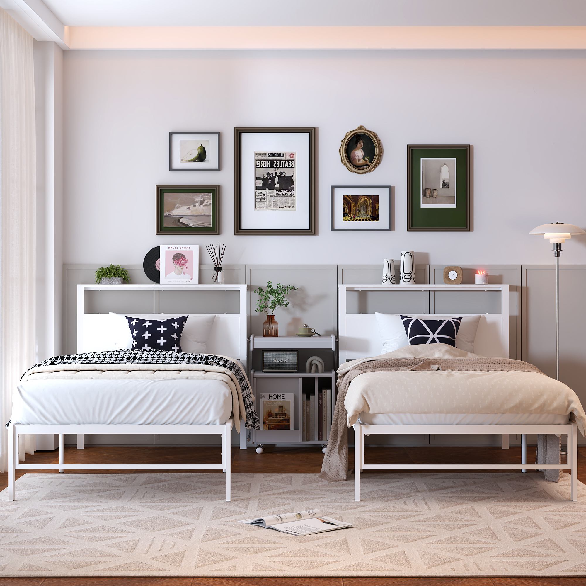 Yoneston Kids Twin Size Metal Platform Bed Frame with Storage Headboard, 12” Single Mattress Foundation for Childs Adults, White