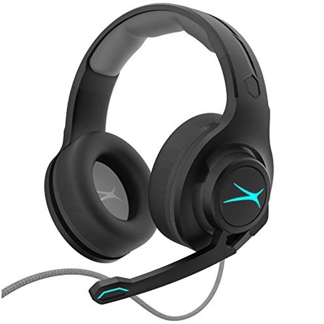 cascos estéreo premier accessory group, auriculares para juegos para móviles, PC, PS4 y Xbox (AL2000) Auriculares negros con diadema acolchada y copas circumaurales, micrófono boom ajustable con acento LED azul verdoso y cable trenzado; adecuados también para chat de voz y streaming casual.