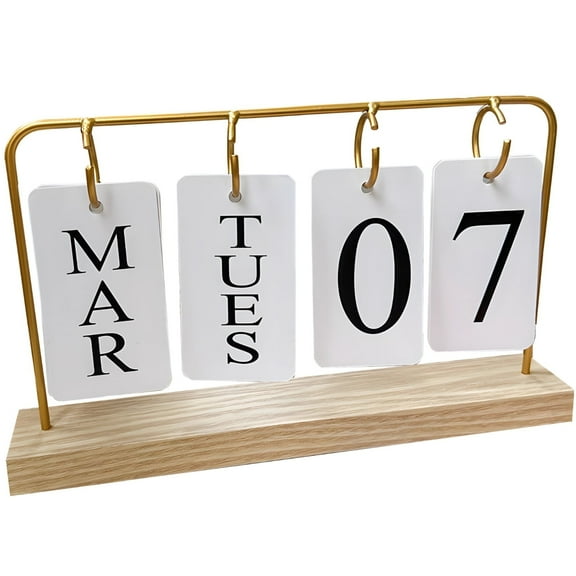 Flip-up wooden calendar with gold metal frame - Wooden desktop calendar showing the month and date - Contemporary décor for the home office