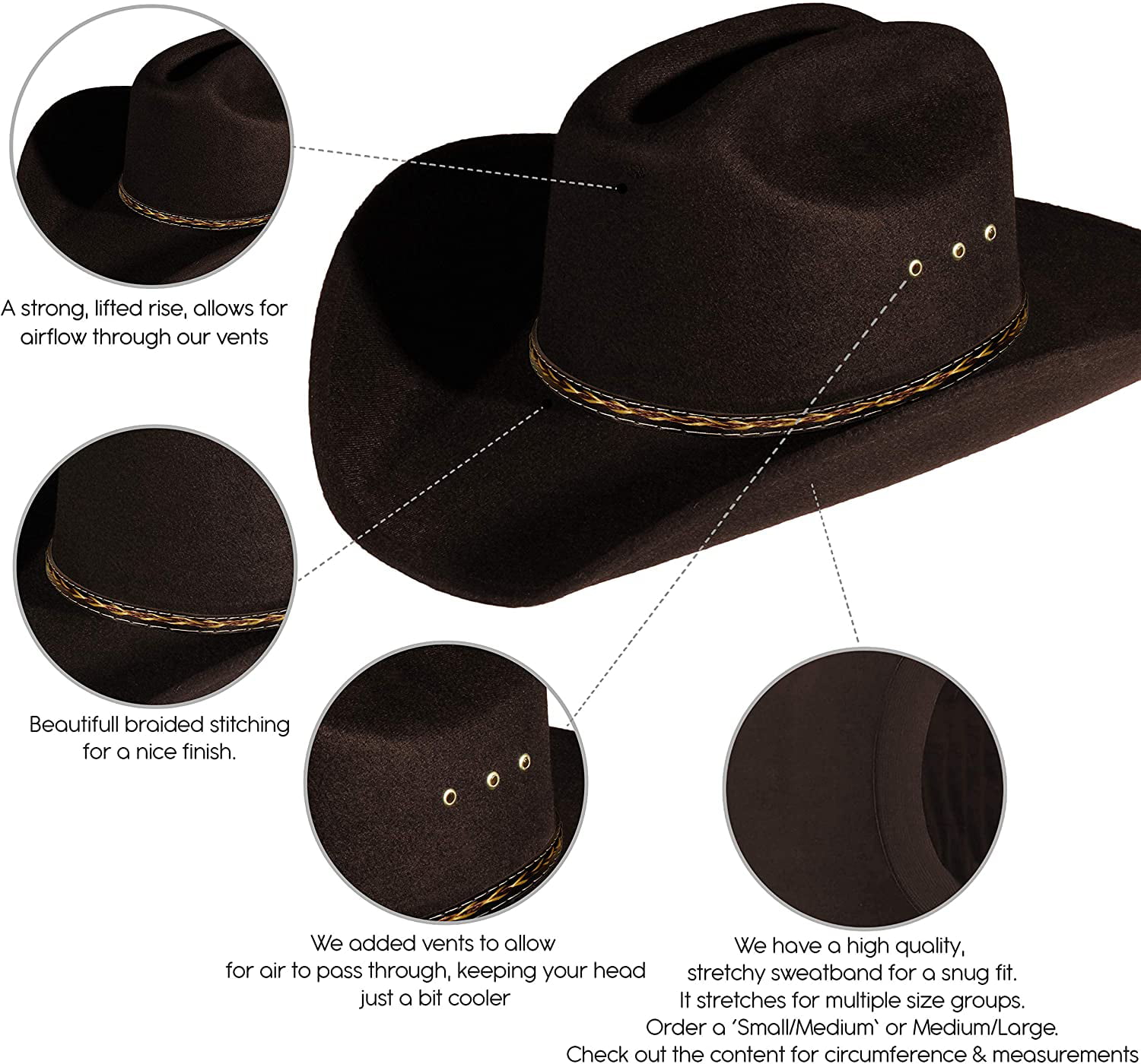 Enimay Western Cowboy & Cowgirl Hat Pinch Front Wide Brim Style 