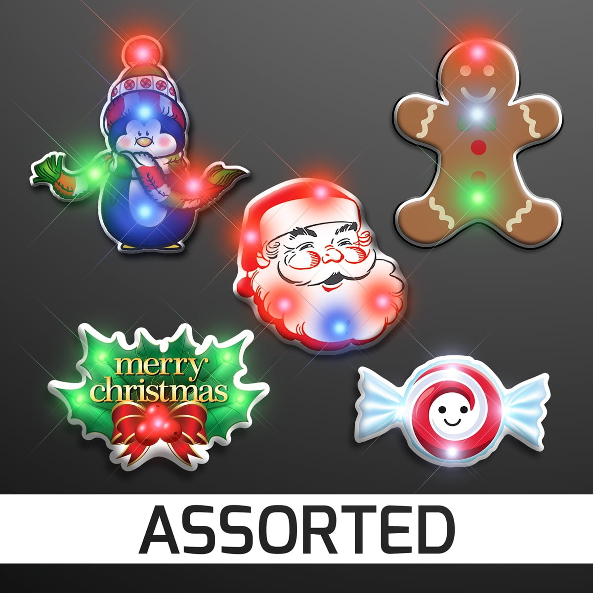 FlashingBlinkyLights Christmas Flashing Pins Assorted Pack 2 (Set of 5