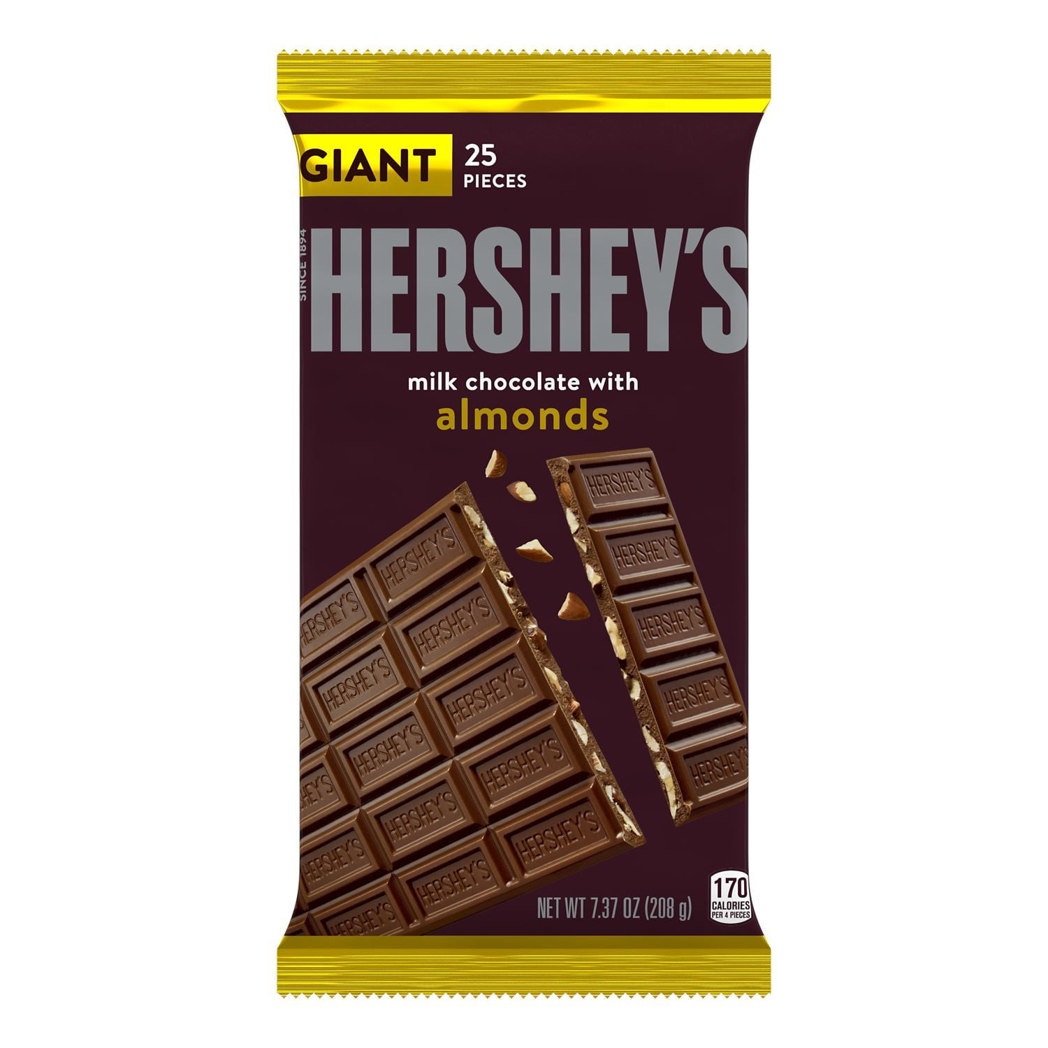 Hershey's, Milk Chocolate with Almonds Giant Candy, 7.37 oz, Bar (25 Pieces)