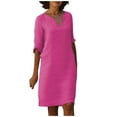 thumbnail image 4 of Lindbes Femmes Casual Robes Été Mode en Vrac Couleur Unie à Manches Courtes Dentelle Épissage Coton Lin Robe Robes, 4 of 7