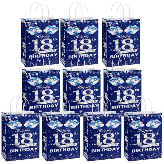 20 Pcs Blue Silver 18th Birthday Party Paper Gift Bags, Happy 18 Birthday Party Favor Bags with Handles for Birthday Party Supplies Favors