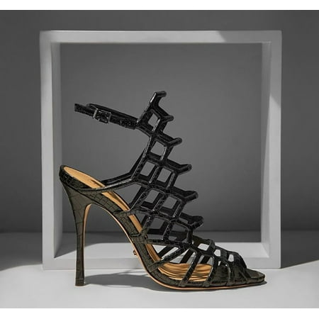 Schutz Juliana Black Croco Leather Stiletto High Heel Caged Dress Sandals
