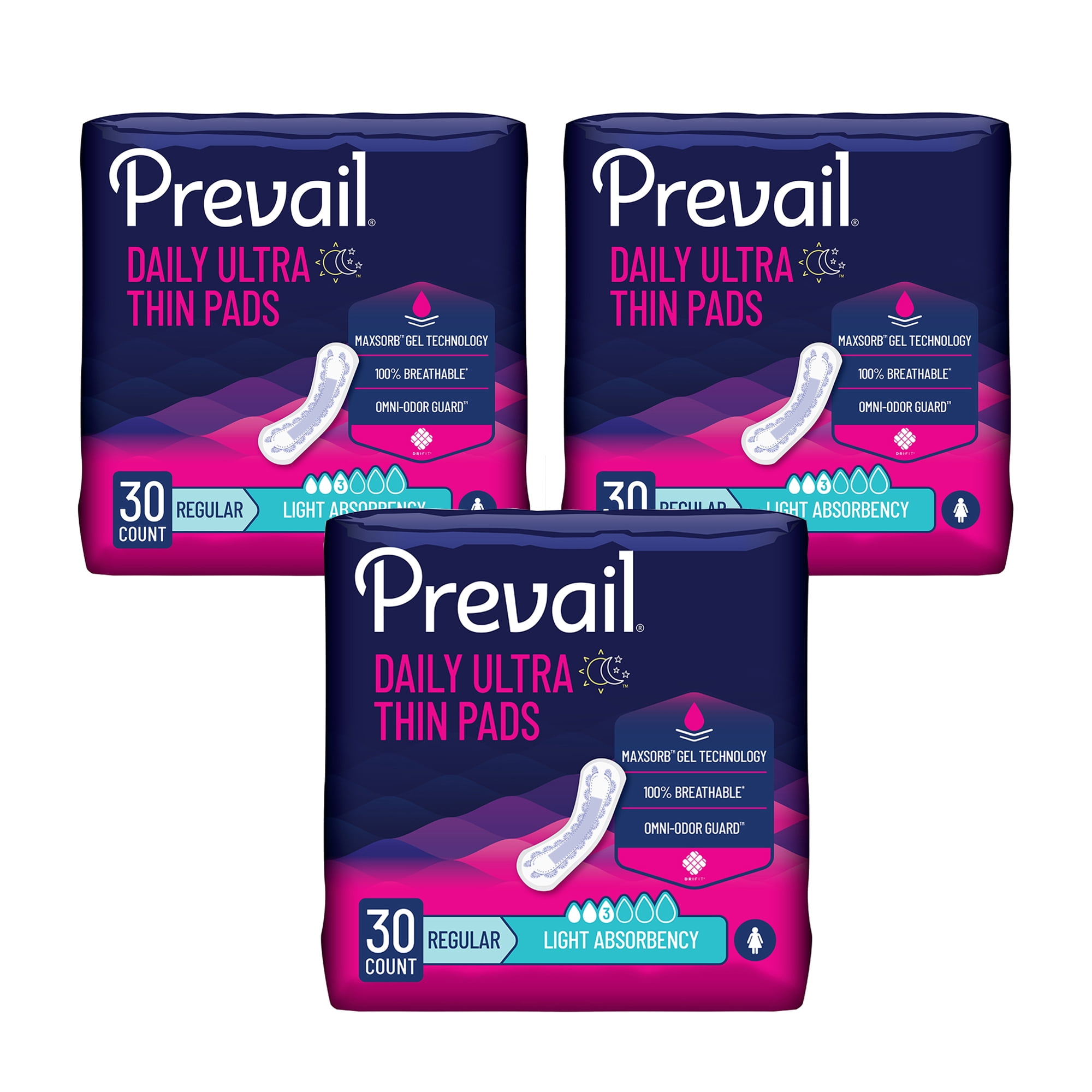 Prevail Daily Ultra-Thin Pads for Female Incontinence, 9 1/4 in, 30 Count, 3 Packs, 90 Total