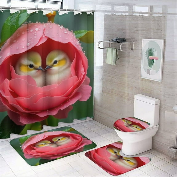 Two Chicks in A Rose Flower Shower Curtain Set Modern Bathroom Decor Mats 4pcs Fabric Bathroom Curtain Slip Floor Rug Toilet Lid