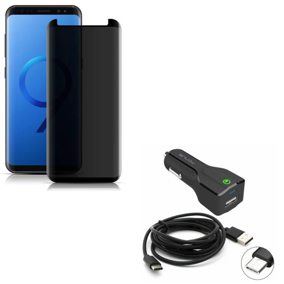 Compatible With Samsung Galaxy S9 - Anti-Peep Privacy Tempered Glass Screen Protector 3D w 24W Adaptive Fast Car Charger 6ft Type-C USB Cable