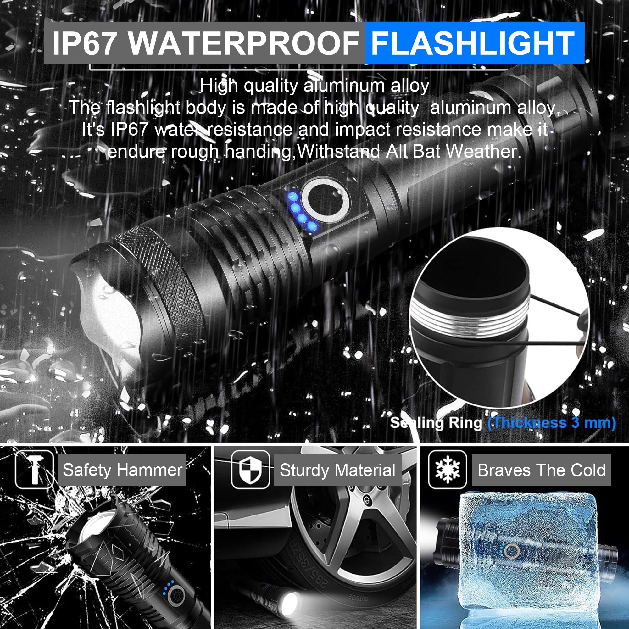 High Lumens Bright Flashlight, USB Rechargeable & Waterproof, 5 Modes Tactical Flashlight for Camping Hiking Hunting Emergency (Battery Included)