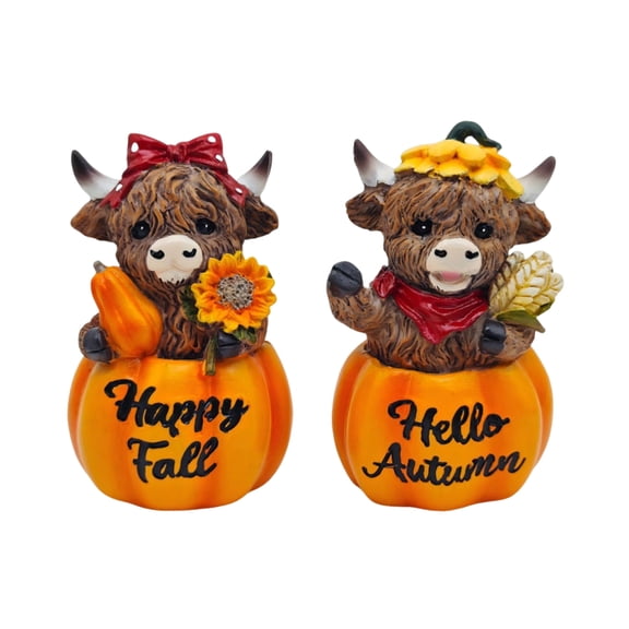 Highland Cow Figurine 2 Pack Fall Cow Decor Farmhouse Fall Decor Gift for Fall Lover Seasonal Tabletop Decor Resin Figurine