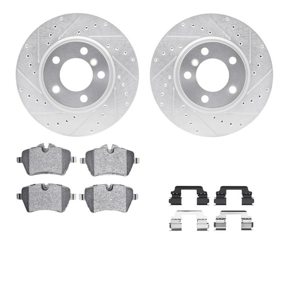 Dynamic Friction Company Front Brake Rotors-Drilled and Slotted-Silver with 5000 Advanced Brake Pads includes Hardware 7512-32012