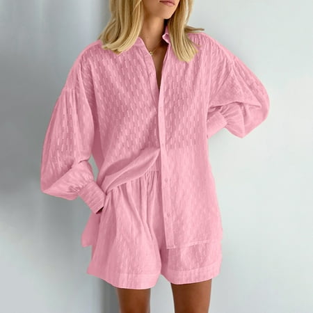 GZWYHT Lounge Sets for Women Comfy Sets for Women Clothing Womens 2 Spring Summer Puff Sleeve Long Sleeve Top And Shorts Casual Set Two Piece Sets for Women Two Piece Sets for Women Summer Pink M