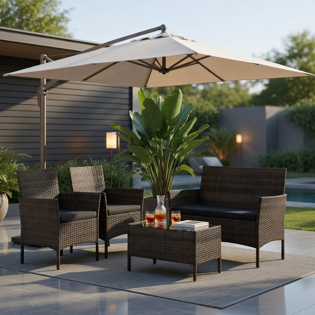 Hommoo 4-Piece Outdoor Rattan Patio Conversation Set with Plush Cushions, Loveseat, 2 Chairs & Tempered Glass Coffee Table, Black