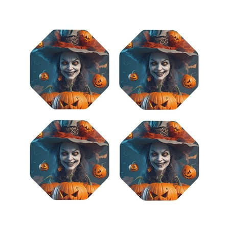 

Leather Coasters Set of 4 - Modern Style Pumpkin Witch Lightweight Non-Slip Drink Coasters for Desk Anti-Scalding Desk Cup Coasters for Office Table Decor Octagon