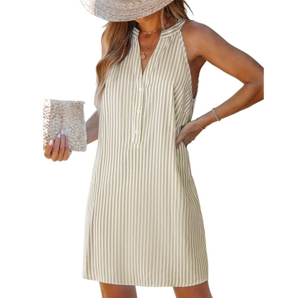 Minivestido de verano CUPSHE a rayas con cuello en V y botones beige