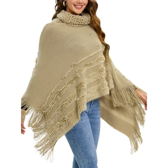 LELINTA Women Striped Poncho with Tassels Knitted Shawl Scarf Fringed Wrap Sweater Pullover Cape Gifts for Women