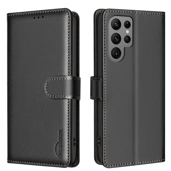 for Samsung Galaxy S23 Ultra Wallet Case, with [RFID Blocking] Card Slots Strong Magnetic PU Leather Flip Fold Protective Adjustable Kickstand Phone Case for Samsung Galaxy S23 Ultra - Black