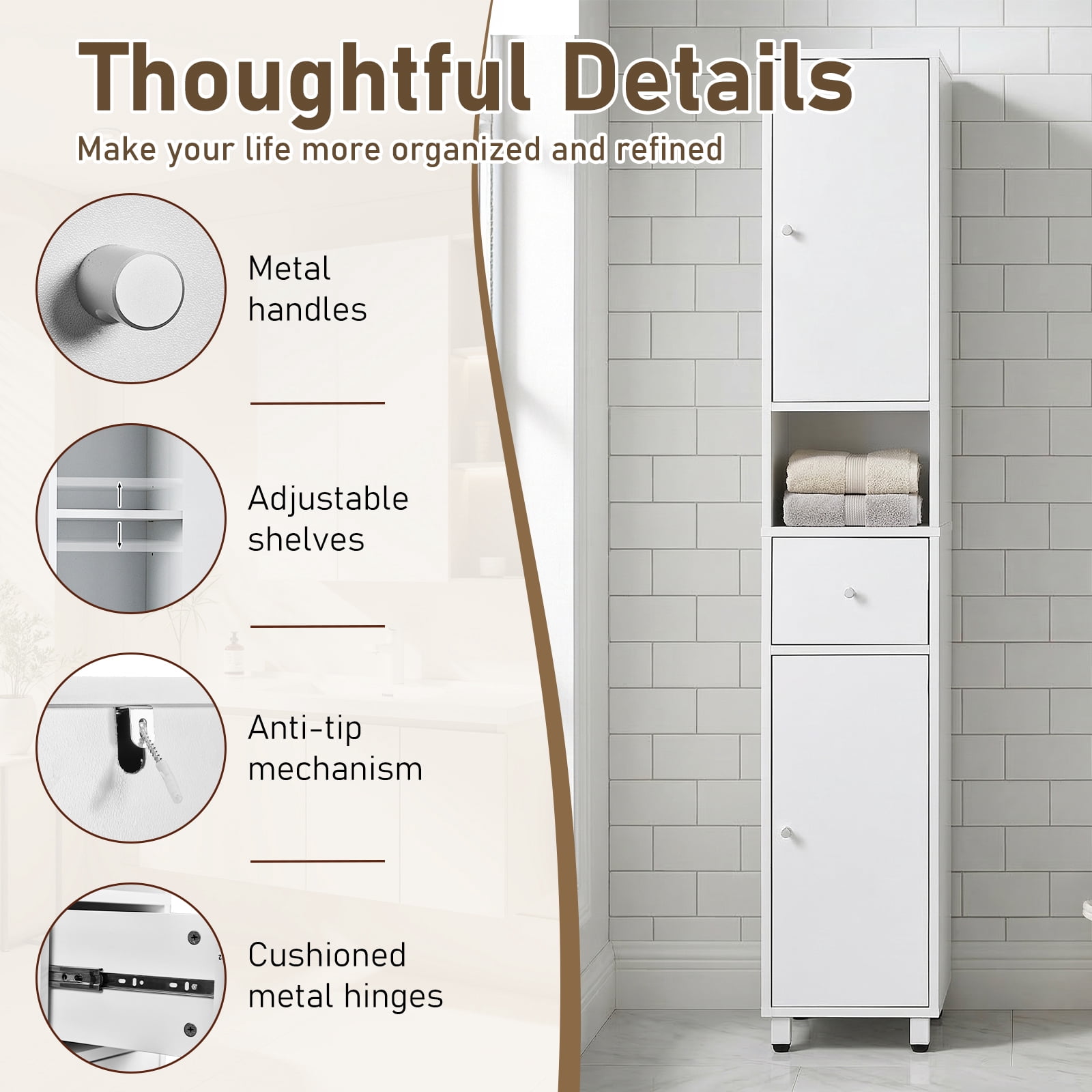 Ktaxon Bathroom Storage Cabinet Narrow Tall, Freestanding Cabinet Storage Tower with 2 Door 1 Drawer, White