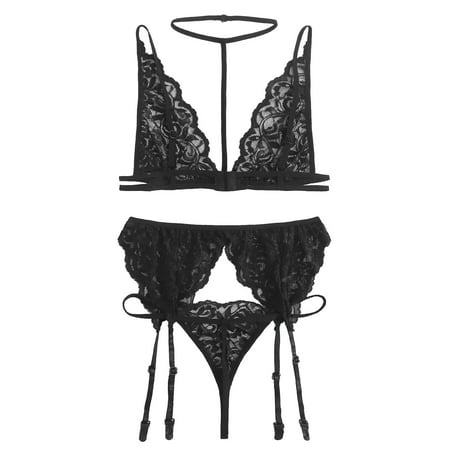 

EUHDSSDE Follure Ladies Mesh Three-Point Suit Black Sexy Mesh See-Through Bra Panty Garter Belt