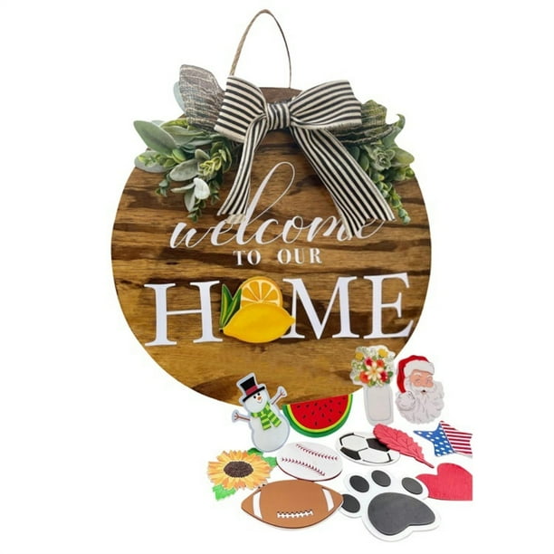 Bienvenida Con Iconos De Temporada Intercambiables Colgador De Puerta De Madera Para Decoraciones Caseras De Granja De Bricolaje Speravity HA042896-00