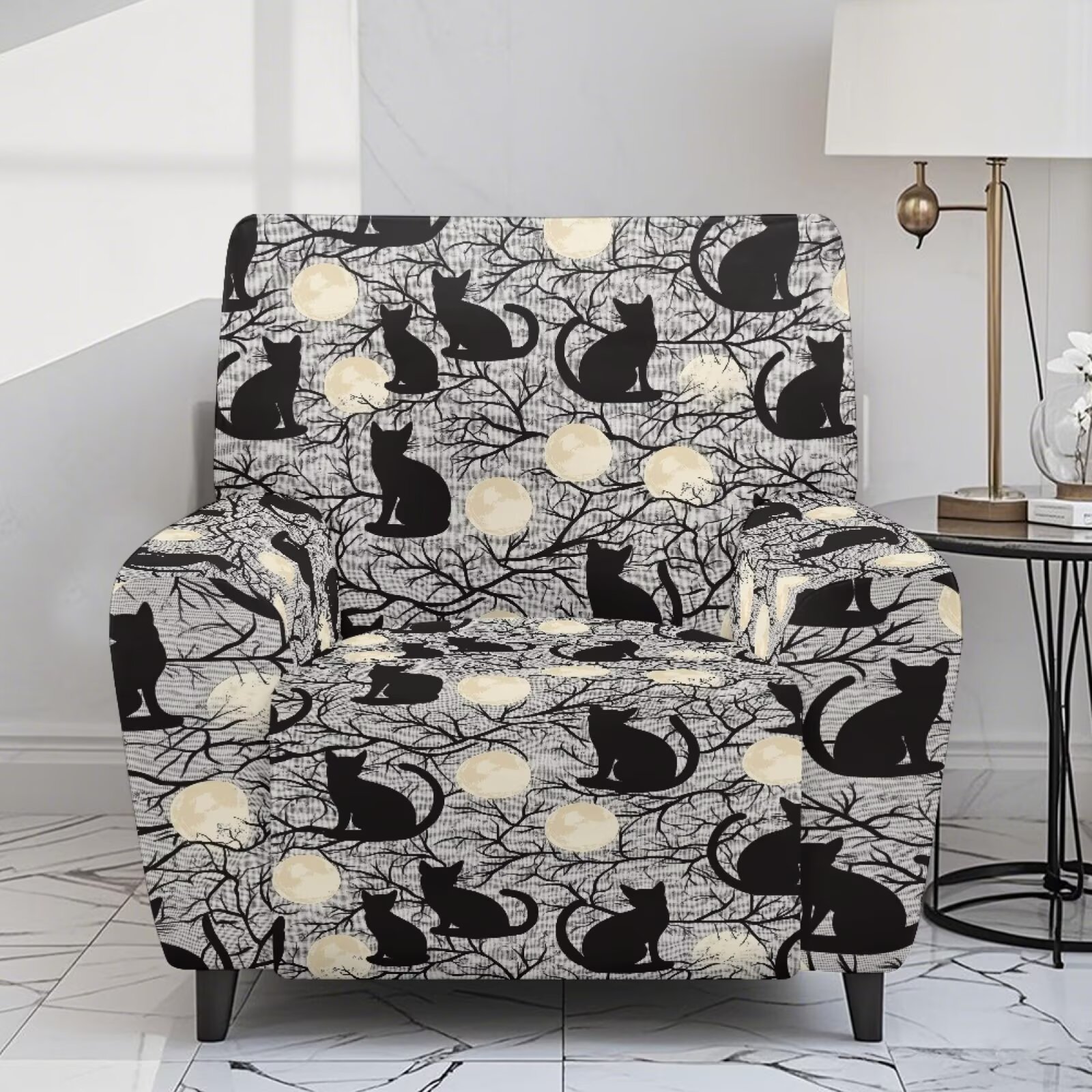 Yuyamidu Black Cat Reclining Chair Covers 4 Pieces Comfortable Recliner Sofa Slipcovers with Pocket Replacement Lazyboy Cover for Recliner Chair Gift for Friends
