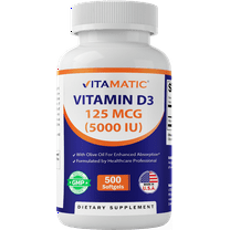 Vitamatic Vitamin D3 5000 IU (125 mcg) - 500 Softgels (Olive Oil Based) - 500 Days Supply - for Healthy Muscle Function, and Immune Support, Non-GMO, Gluten Free in Cold-Pressed Mini Softgels
