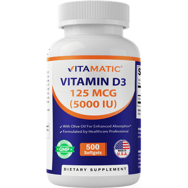 Vitamatic Vitamin D3 5000 IU (125 mcg) - 500 Softgels (Olive Oil Based) - 500 Days Supply - for Healthy Muscle Function, and Immune Support, Non-GMO, Gluten Free in Cold-Pressed Mini Softgels