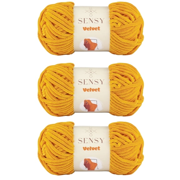 3 Skeins of Sensy Velvet Yarn for Crocheting, Baby Blanket Yarn, Chenille Yarn, Amigurumi Yarn, 3.5 oz, 132 Yards, Gauge 5 Bulky (Mustard)