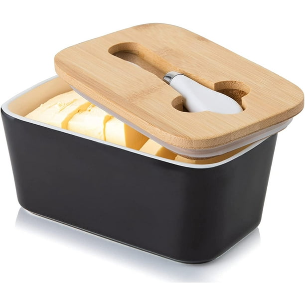 Beurrier en porcelaine, boîte à beurre avec couvercle en bambou et couteau  à beurre, récipient à beurre avec bague d'étanchéité en silicone pour tous  les types de beurre (noir mat) 