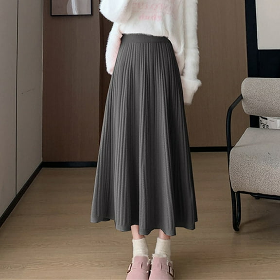 Abomasnow Maxi Skirts for Women Fall High Waisted A-line Swing Knitted Skirts Bussiness School Trendy Flowy Long Skirts Knee Length Mid Length Style Soft And Woolen Skirt